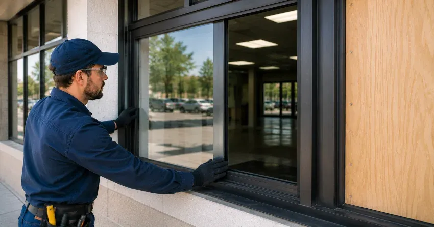 technician boarding a broken window after a break-in in Marchmont, Orillia