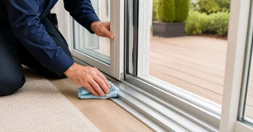 technician inspecting a sliding patio door track in Downtown Orillia, Orillia
