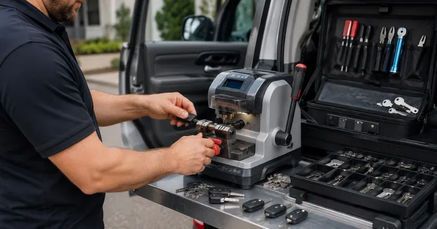 technician cutting a replacement car door lock key in Orillia Heights, Orillia