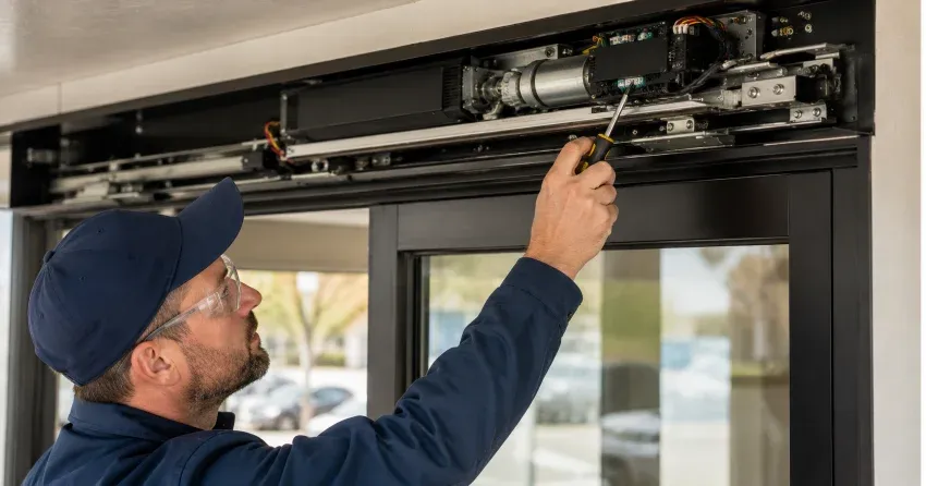 technician completing automatic door repair on residential property in Orillia