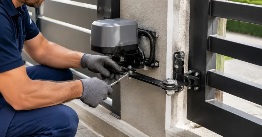 technician diagnosing automatic gate motor and control panel in Orchard Point, Orillia