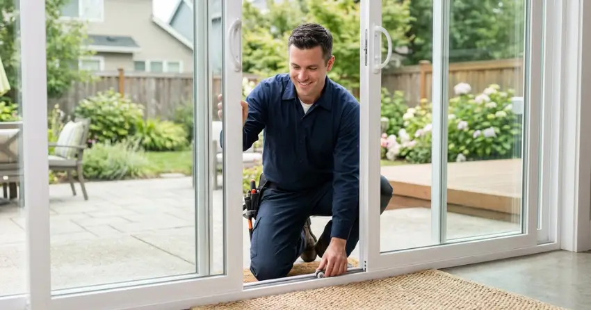 technician diagnosing a sticking patio door in Orchard Point, Orillia