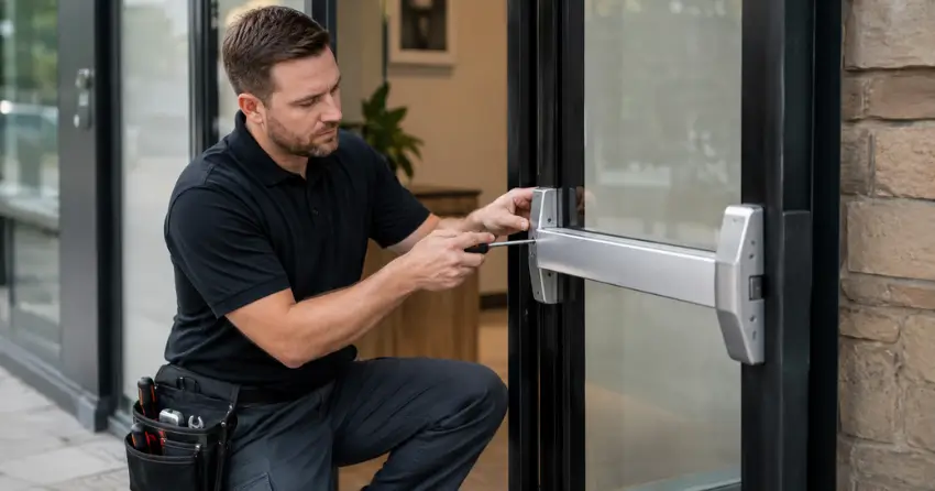 commercial locksmith repairing exit device on storefront door Couchiching Point, Orillia