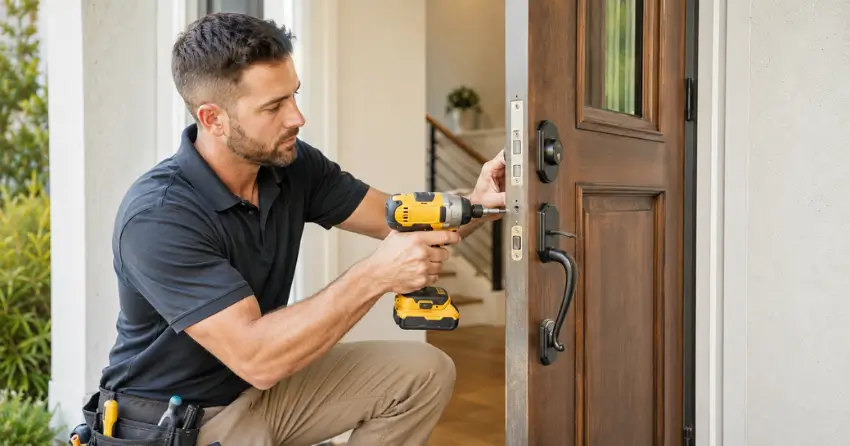 locksmith installing new deadbolt lock on front door in Orillia