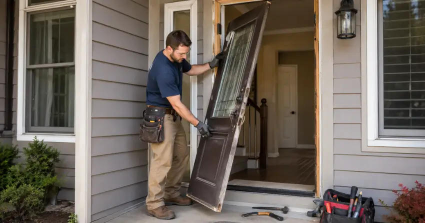 old exterior door being removed for replacement in Westmount, Orillia