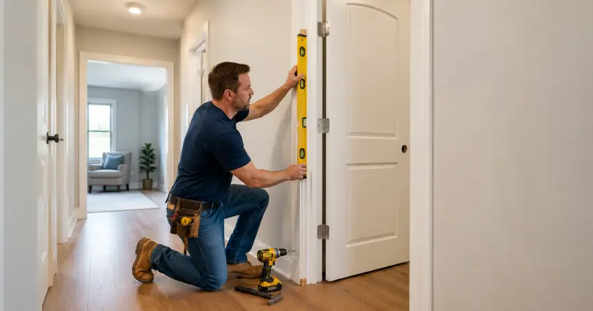technician installing a pre-hung interior door in a home hallway Orillia
