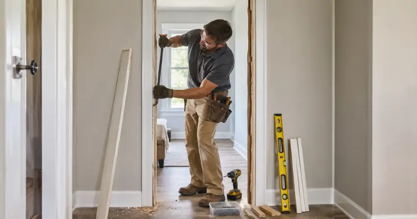 technician removing an old interior door frame during installation Orillia