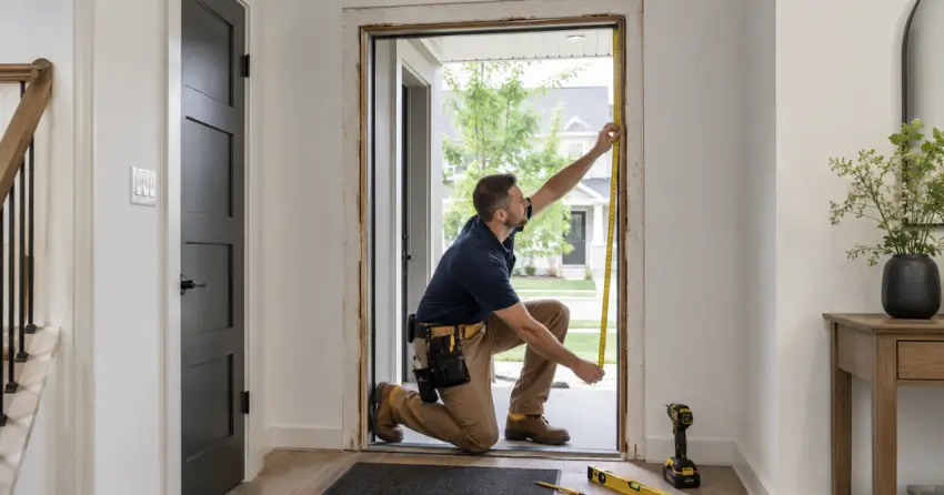 technician measuring a door frame before new door installation in Orillia