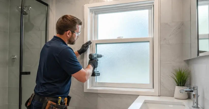 frosted glass installation bathroom window in Orillia Heights, Orillia