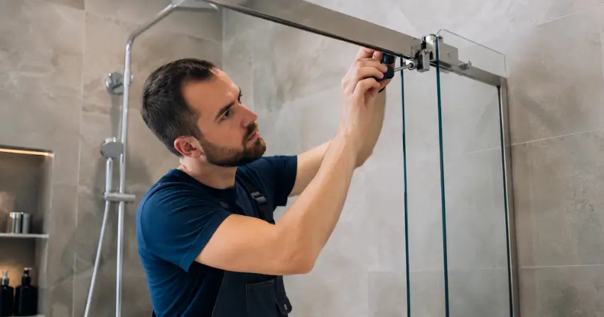 technician adjusting shower door hinge and track in Couchiching Point, Orillia