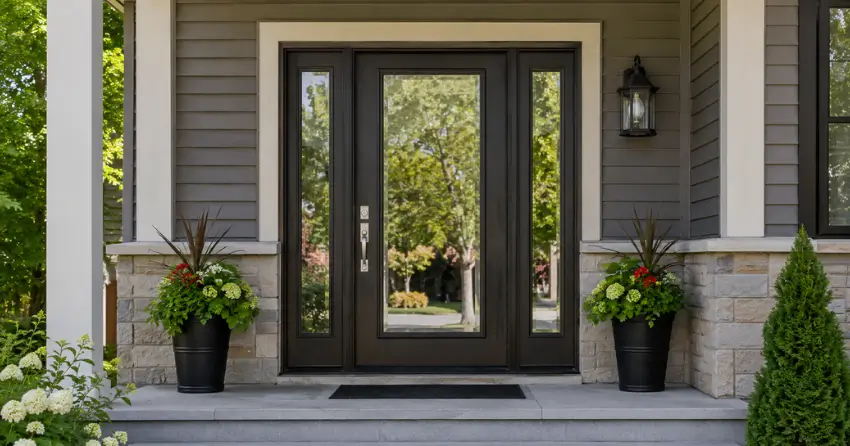 glass entry door with sidelights on a home in West Ridge, Orillia