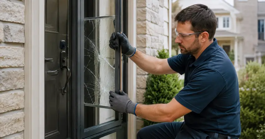 technician removing cracked storm door glass panel in Orillia
