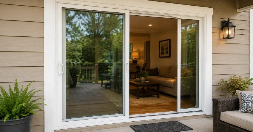 Patio Door Installation technician setting a new frame in Orillia