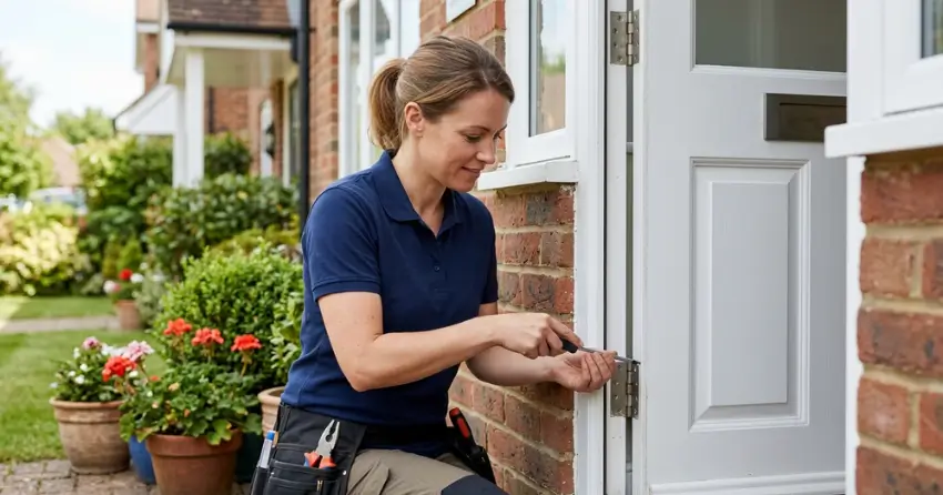 technician repairing exterior door hinge and frame in Downtown Orillia, Orillia