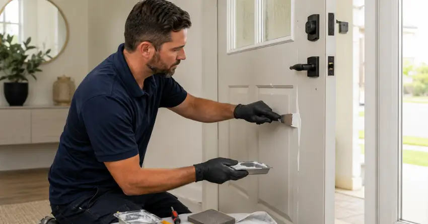 technician repairing fiberglass door surface crack in North Ward, Orillia