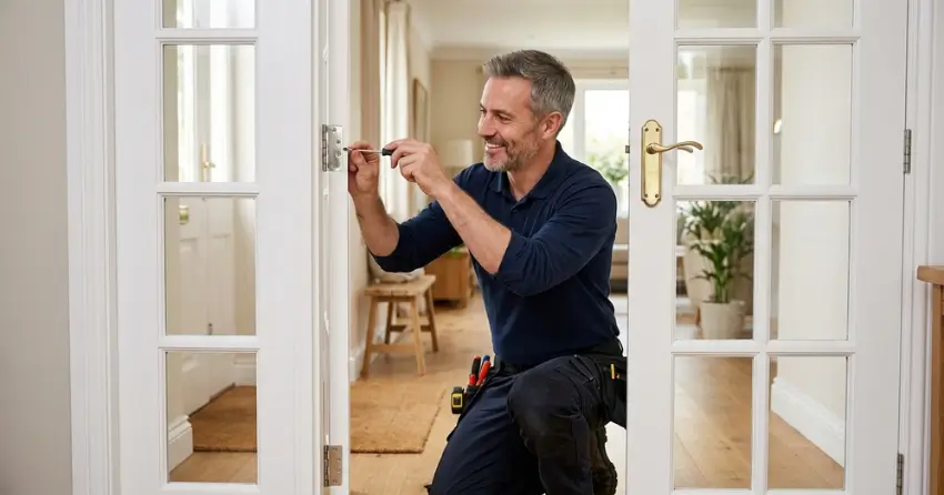 technician adjusting French door hinge for proper alignment in South Ward, Orillia