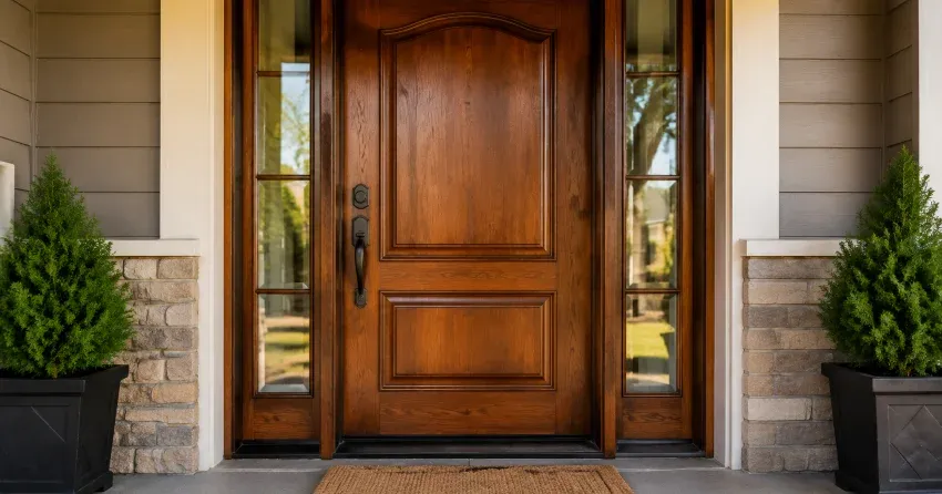 wood door mid-restoration showing stripped bare wood in Orillia