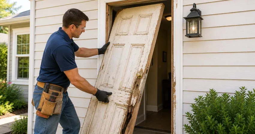 warped exterior door frame showing weather damage in Westmount, Orillia