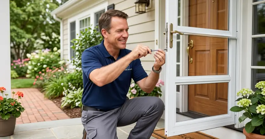 technician adjusting storm door hinge and closer in Downtown Orillia, Orillia